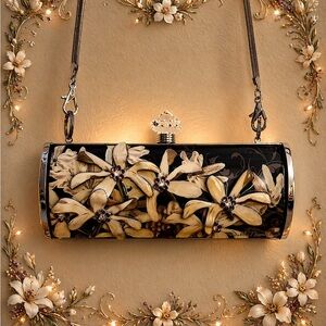 Debbie Brooks “Tahiti Flower” Black and Yellow Clutch with Silver Chain